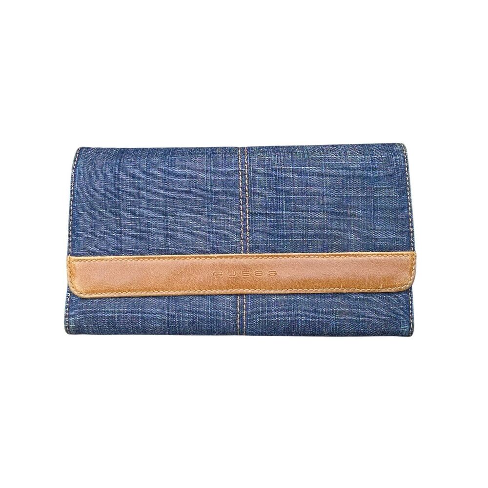 Guess Y2K Denim Trifold Wallet with Tan Leather Trim Blue Jean Clutch